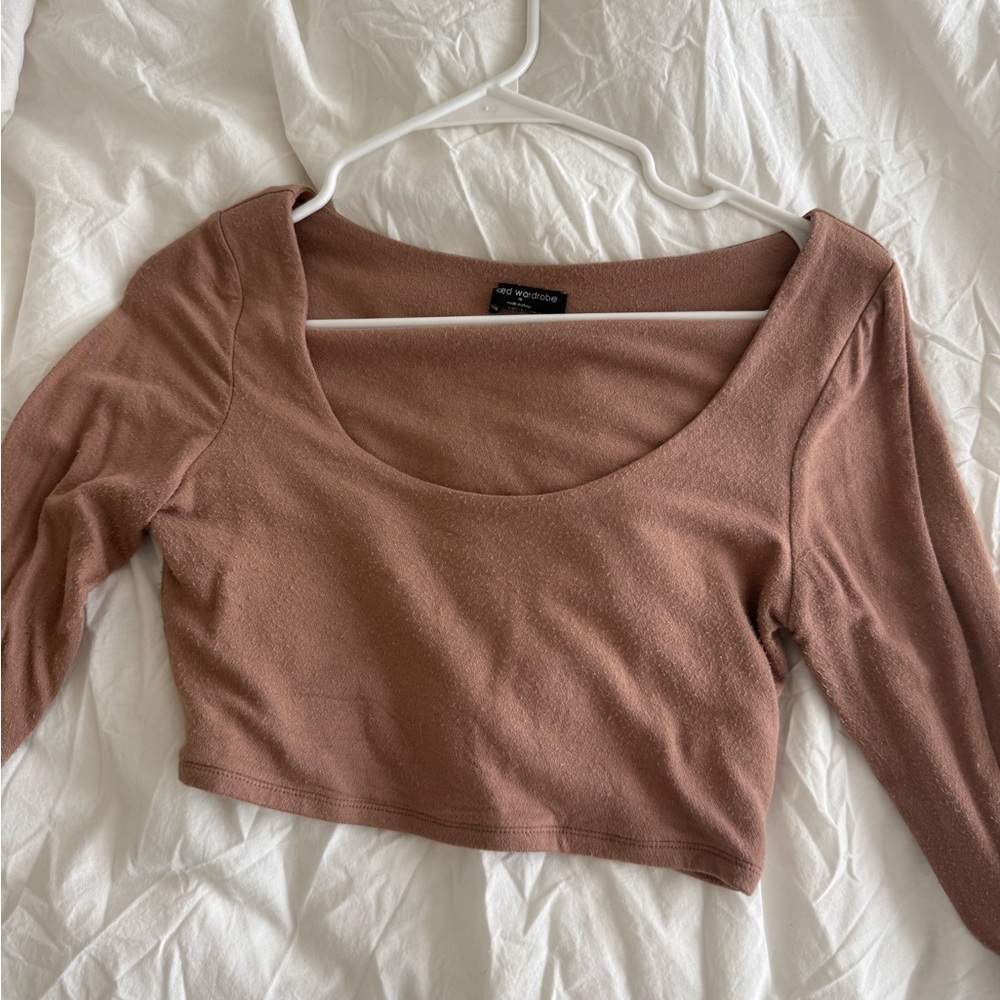 Naked Wardrobe Scoop Neck Long Sleeve Crop Top